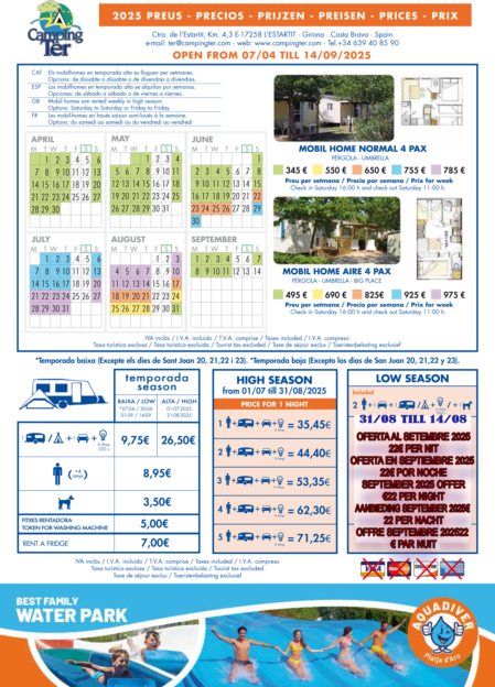 TER campingsite price list for this summer 2024.